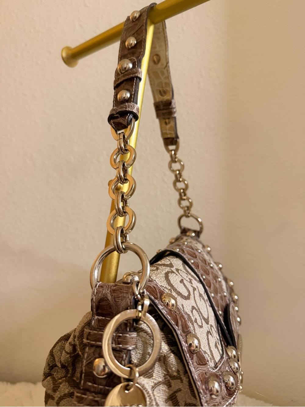 Guess Vintage Y2K Logo Shoulder Bag with Croc-Trim & Studs - Picture 5 of 11